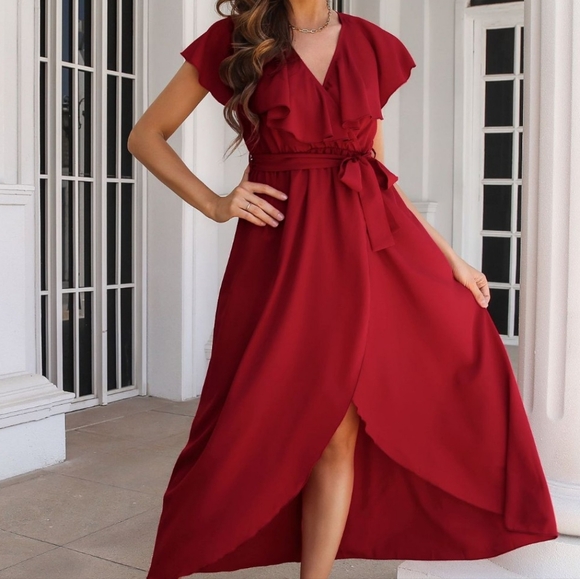 Romantic Ruffled Midi Dress with Wrap Silhouette and Slit - Picture 4 of 7